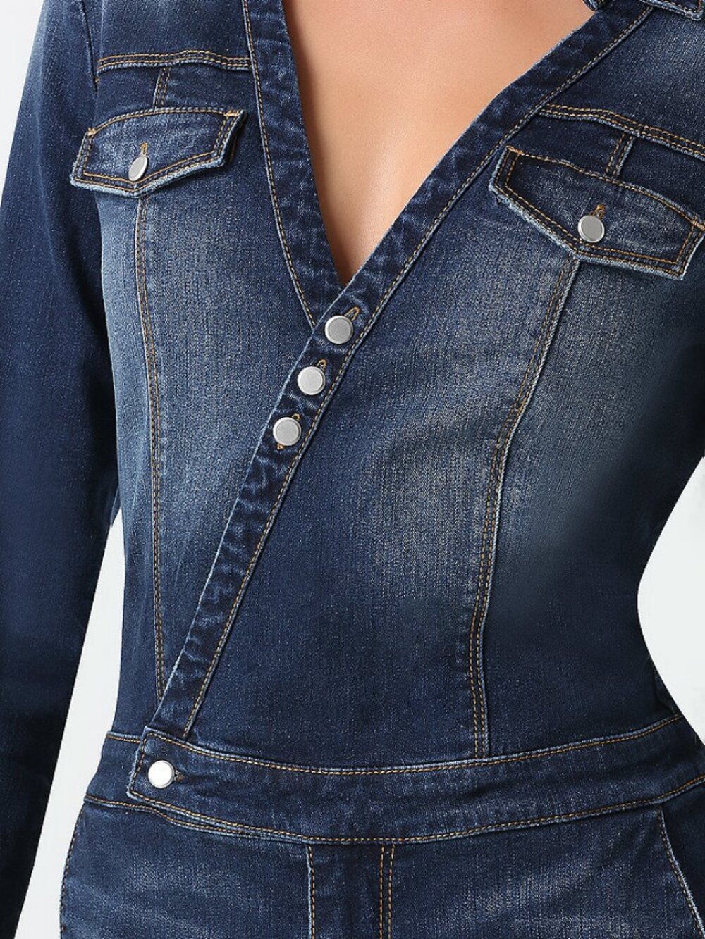 Bebe 3/4 Long Sleeve Medium Dark Wash Denim Jean Jumpsuit Size 6 - Picture 5 of 8